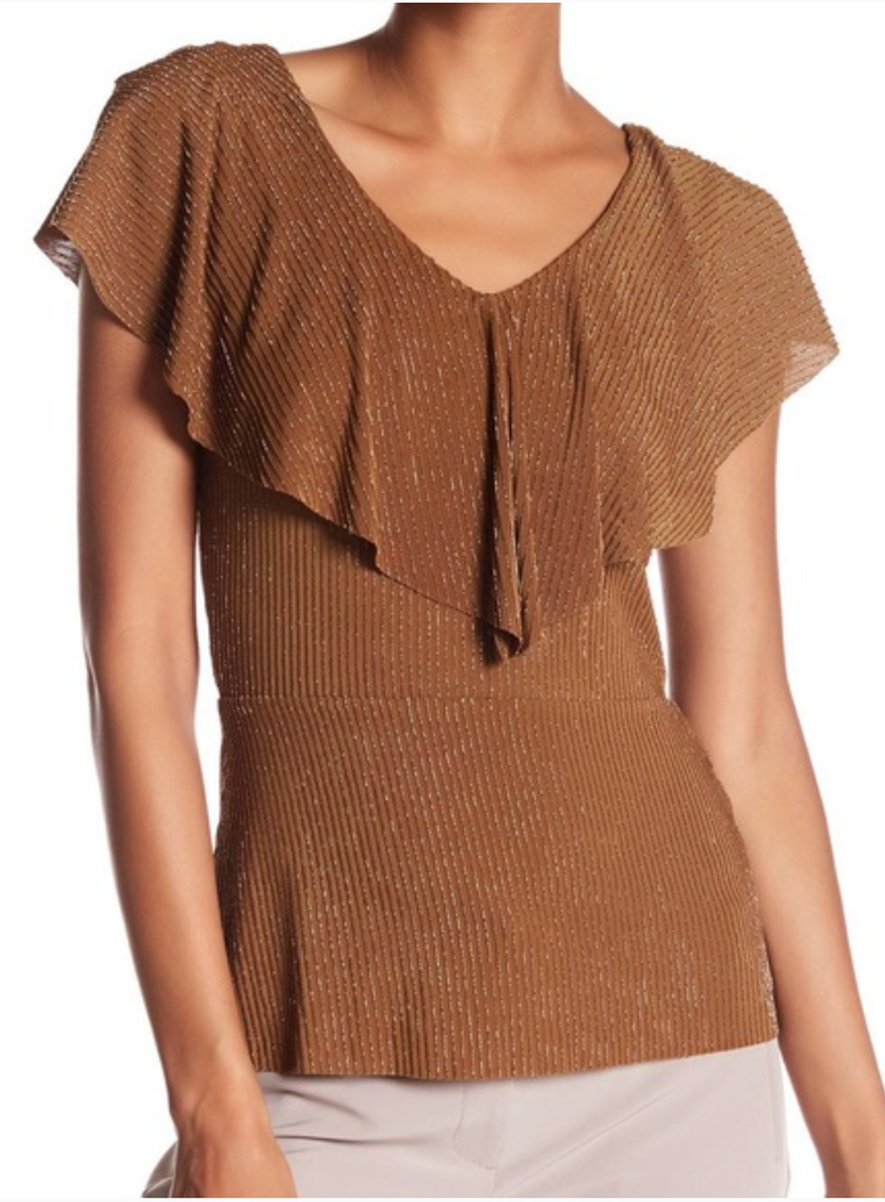 Adrianna Papell Gold Sparkle Stripe Ruffle Top Metallic Gold - Size L